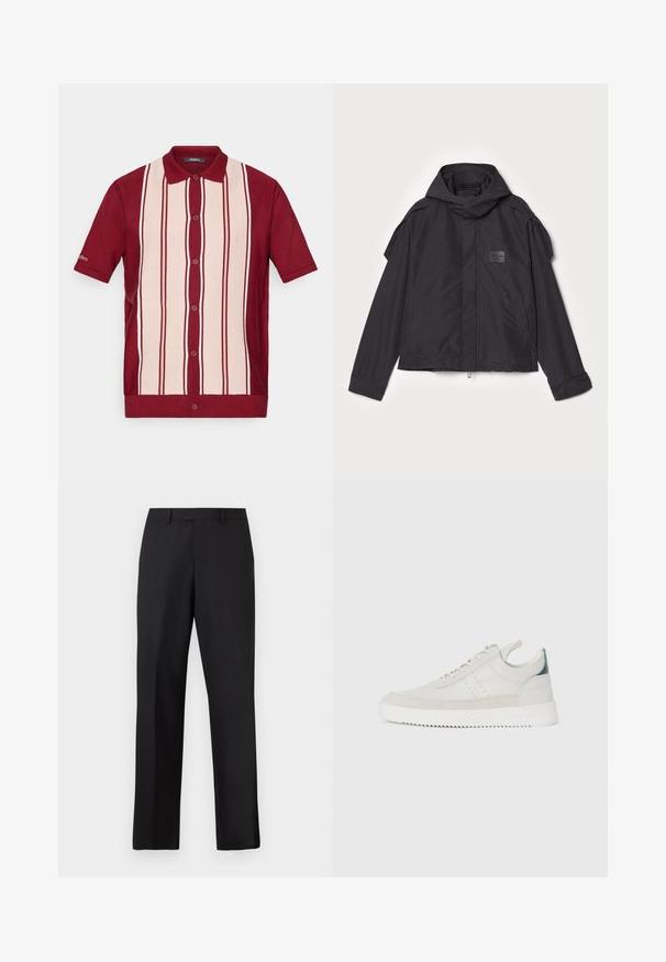 Melna jaka ar kapuci, izgatavota no gludas auduma. Aprīkota ar rāvējslēdzēju priekšā, sānu kabatām un plecu akcentiem. Vienkāršs dizains ar etiķeti.; Īsām piedurknēm pogājams polo krekls ar sarkaniem un gaiši bēšiem vertikāliem svītrainiem un sarkanu apkakli, parādīts uz baltā fona.; Melnas, taisnas bikses no gludas auduma. Tām ir standarta jostasvieta, bez redzamiem rakstiem vai akcentsiem.; Baltas ādas sporta apavi ar pelēka zamšādas akcentiem, saistoša dizaina, ar vilkšanas cilpu un teksturētu gumijas zoli, kas raksturojas ar zigzag rakstu.