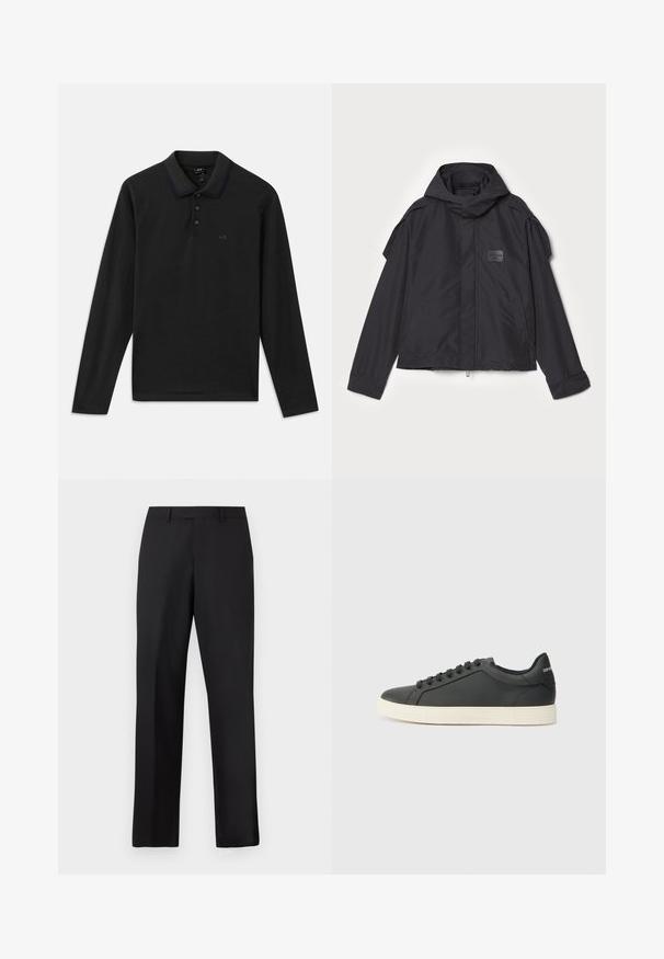 Musthaveheide mustaghuri hoodiga, valge catsosta. Omab esist zip ja külge taskud, õlavarre aksendid. Lihtne disain ja silt.; Mustmust värvi pikade varrukatega polo särk, millel on soonikuga krae, kolmes nööbis ja kerge logo rinnal. Pehme puuvillane materjal.; Mustad, sirge lõikega püksid, mis on valmistatud siledast kangast. Omavad tavalist vöökirja ja puuduvad nähtavad mustrid või aksendid.; Mustmustest musta poolprofiiliga, ümmargune varvas ja paeltega sulgemine; omab tekstureeritud kummist tallat ja logo detaili kontsa peal.