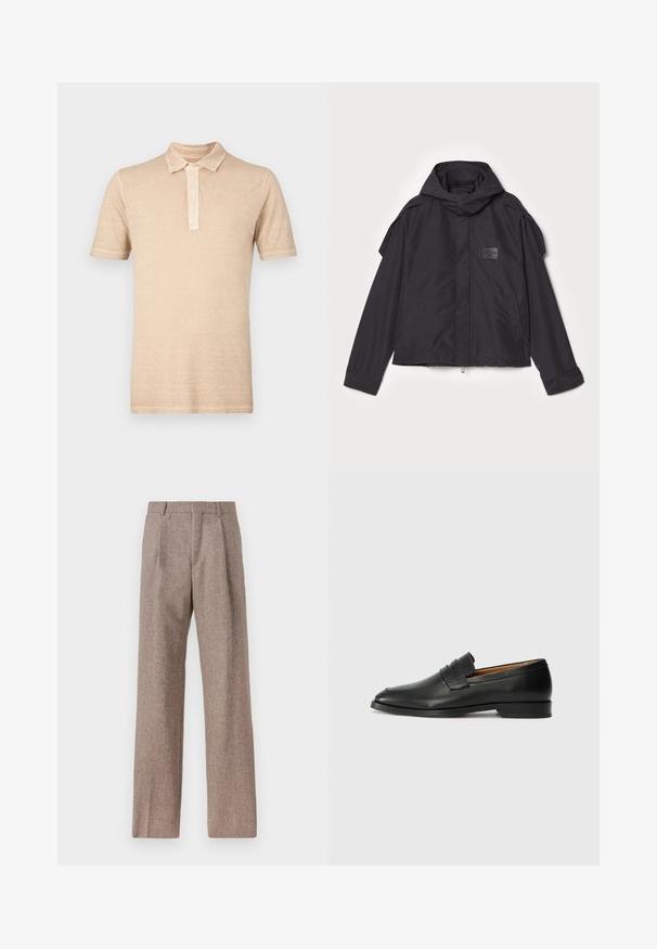 Musthaveheide mustaghuri hoodiga, valge catsosta. Omab esist zip ja külge taskud, õlavarre aksendid. Lihtne disain ja silt.; Beige lühikeste varrukatega polo särk, millel on kolme nööbiga klamber ja tekstureeritud kangast viimistlus. Looduslik disain klassikalise kaelusega.; Prunnid, kõrge vöökohaga püksid, mis on valmistatud tekstureeritud kangast. Omavad laiu jalgu ja kahte eesmist voldikut struktuuri jaoks. Korralik viimistlus, ilma nähtava riistvarata.; Must musta loafers ümarate varvastega, peene tikandiga ja madala kontsaga, millel on sile tekstuur ja minimalistlik disain.