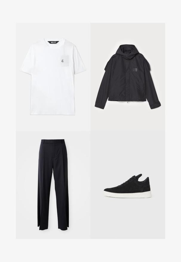 Musthaveheide mustaghuri hoodiga, valge catsosta. Omab esist zip ja külge taskud, õlavarre aksendid. Lihtne disain ja silt.; Valge puuvillane t-särk lühikeste varrukatega, ümar kaelus, väike rinna tasku ja taskul broderitud logo aktsent.; Mustad, kõrge vöökohtaga püksid laia säärte lõikega, valmistatud siledast kangast. Omab ees plekke ja vöörihmade jaoks silmuseid. Minimalistlik disain, nähtavat riistvara pole.; Must mustel kingad valge kummist tallaga, millel on toon-toonis õmblused ja paeltega disain. Sile tekstuur ja moodne, voolujooneline kuju.