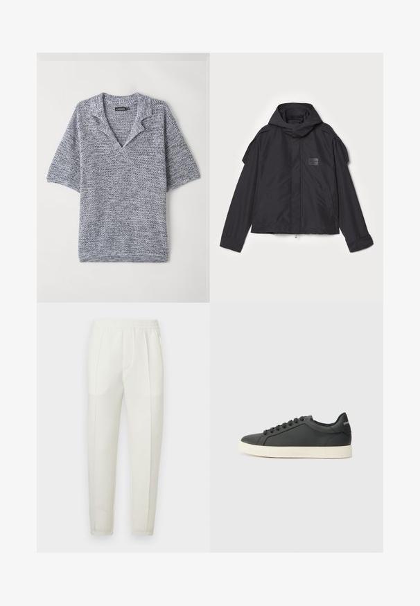 Musthaveheide mustaghuri hoodiga, valge catsosta. Omab esist zip ja külge taskud, õlavarre aksendid. Lihtne disain ja silt.; Lühikeste varrukatega pullover tekstureeritud kudumisest, V-kaelusega ja halli-sinise värviga, millel on peen muster. Pehme ja kerge materjal.; Valged kitsad püksid elastse vöökohaga, millel on kaks küljetaskut ja siledapindne, veidi läikiv tekstuur.; Mustmustest musta poolprofiiliga, ümmargune varvas ja paeltega sulgemine; omab tekstureeritud kummist tallat ja logo detaili kontsa peal.