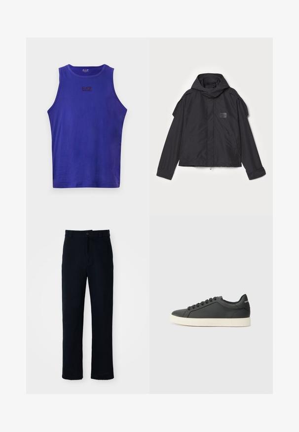 Μαύρο μπουφάν με κουκούλα, κατασκευασμένο από λεία ύφανση. Διαθέτει φερμουάρ μπροστά, πλάγιες τσέπες και διακρίσεις στους ώμους. Απλός σχεδιασμός με ετικέτα.; Αμάνικη μοβ μπλούζα φτιαγμένη από λεία ύφανση, διαθέτοντας στρογγυλή λαιμόκοψη και μικρό λογότυπο EA7 σε σκούρα εκτύπωση στο μπροστινό μέρος.; Κοντό παντελόνι σκούρου μπλε χρώματος, φτιαγμένο από βαμβάκι, με ίσια γραμμή, μπροστινό κλείσιμο με κουμπί και κλασική ζώνη με θηλιές.; Μαύρο δερμάτινο αθλητικό παπούτσι με χαμηλό προφίλ, στρογγυλή μύτη και κλείσιμο με κορδόνια. Διαθέτει υφή ελαστική σόλα και λεπτομέρεια λογότυπου στη φτέρνα.