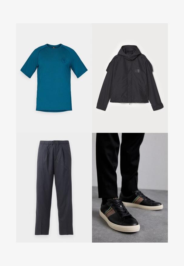 Musthaveheide mustaghuri hoodiga, valge catsosta. Omab esist zip ja külge taskud, õlavarre aksendid. Lihtne disain ja silt.; Teal värvi lühikeste varrukatega T-särk, mis on valmistatud siledast kangast. Omab ümmargust kaelust ja logo vasakul rinnapiiril. Üldiselt lihtne disain.; Tumed sinised püksid pehmest kangast, mille esiosal on volditud disain ja elastne vöökoht. Varustatud nupuga sulgemisega ja sirge lõikega.; Mustad nahast spordijalatsid mitmevärviliste triipudega aktsentide, ümmarguse nina, ja valgete kummist talladega, omades paeladese disaini ja volditud brändimist.