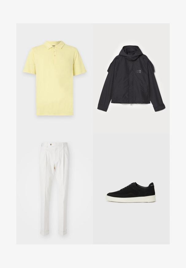 Mustatakki hupulla, valmistettu sileästä kankaasta. Ominaisuuksiin kuuluu vetoketjukiinnitys edessä, sivutaskut ja olkakorostukset. Yksinkertainen muotoilu, jossa on etiketti.; Keltainen poolopaita, lyhyet hihat, kolme nappia kauluksessa, valmistettu pehmeästä puuvillakankaasta, jossa on sileä rakenne ja yksinkertainen muotoilu.; Valkoiset, muotoillut housut, joissa on tasainen etuosa, kaksi taitetta ja käärityt lahkeet. Valmistettu sileästä kankaasta, jossa on nappisuljenta vyötäröllä.; Mustat mokkakengät nauhoilla ja kontrastivalkoisella kumipohjalla. Varustettu teksturoiduilla sivupaneeleilla ja huomaamattomalla brändäyksellä kantapäässä.