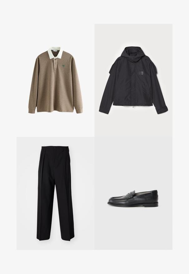 Jachetă neagră cu glugă, fabricată dintr-un material neted. Dispune de fermoar frontal, buzunare laterale și accente pe umeri. Design simplu cu etichetă.; Tricou polo cu mânecă lungă, în carouri maro și crem, cu guler alb și un logo verde pe piept. Textură de material moale.; Pantaloni negri plisat cu un design drept și pantaloni largi. Construiți dintr-un material neted, prevăzuți cu închidere cu nasture și bucle pentru curea.; Loafers negri din piele cu un finisaj neted, vârf rotund, brățară decorativă și design minimalist. Dispun de un toc mic, pătrat.