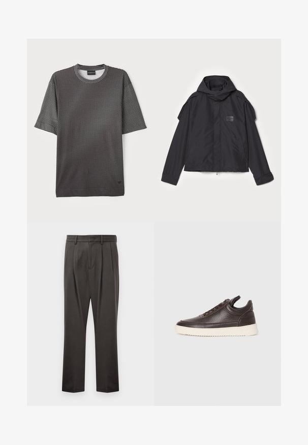 Μαύρο μπουφάν με κουκούλα, κατασκευασμένο από λεία ύφανση. Διαθέτει φερμουάρ μπροστά, πλάγιες τσέπες και διακρίσεις στους ώμους. Απλός σχεδιασμός με ετικέτα.; Μαύρο κοντομάνικο T-shirt με υφασμάτινη υφή που περιλαμβάνει μικρές λευκές τετράγωνες λεπτομέρειες, στρογγυλή λαιμόκοψη και άνετη εφαρμογή. Μαλακό ύφασμα με λεία υφή.; Σκούρο γκρι παντελόνι από υφασμάτινη υφή, με επίπεδο μπροστινό μέρος, πτυχές, ίσιες γραμμές και βρόχους ζώνης. Χωρίς ορατό εξοπλισμό ή σχέδια.; Σκούρο καφέ υφασμάτινο δερμάτινο αθλητικό παπούτσι με δέσιμο μπροστά και λευκή ανάγλυφη καουτσούκ σόλα σε απλή ανοιχτόχρωμη φόντο.