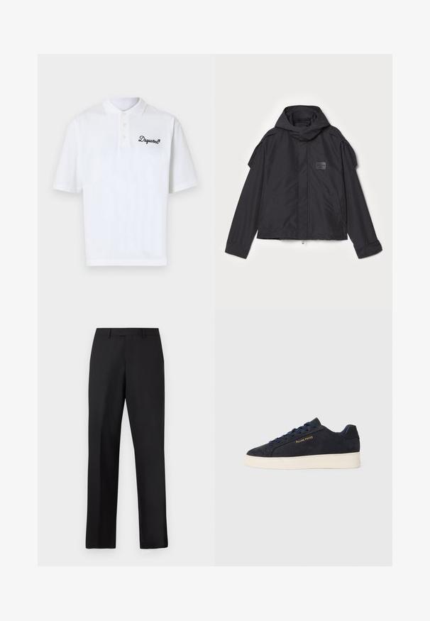 Mustatakki hupulla, valmistettu sileästä kankaasta. Ominaisuuksiin kuuluu vetoketjukiinnitys edessä, sivutaskut ja olkakorostukset. Yksinkertainen muotoilu, jossa on etiketti.; Valkoinen puuvillainen poolopaita, jossa on klassinen kaulus, kolme nappia ja vasemmalla puolella musta kirjailtu "Dsquared2"-logo.; Mustat, suorat housut, jotka on valmistettu sileästä kankaasta. Niissä on tavallinen vyötärönauha, eikä niissä ole näkyviä kuvioita tai koristeita.; Navy sinivuori matalavartiset tennarit valkoisella pohjalla, laivastonsiniset nauhat ja "Filling Pieces" -logo kullassa sivussa.