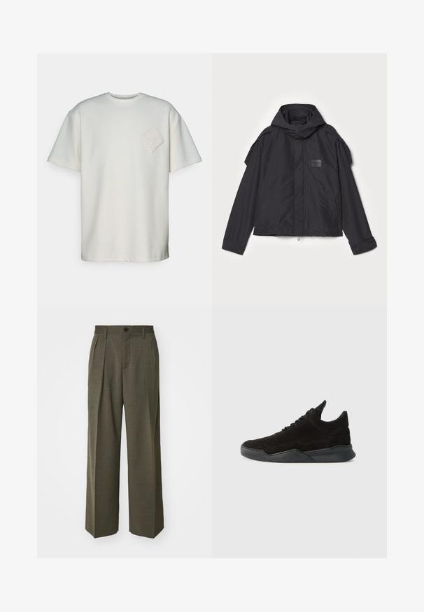 Jachetă neagră cu glugă, fabricată dintr-un material neted. Dispune de fermoar frontal, buzunare laterale și accente pe umeri. Design simplu cu etichetă.; Tricou cu mânecă scurtă din bumbac off-white, cu o pată texturată în formă de diamant și un design embosat pe partea stângă a pieptului.; Filippa K WIDE TROUSERS - Pantaloni - driftwood; Tenis negri din suede cu profil joacă, superior texturat, sireturi plate și o talpă din cauciuc solidă cu un toc ușor și un design curbat.