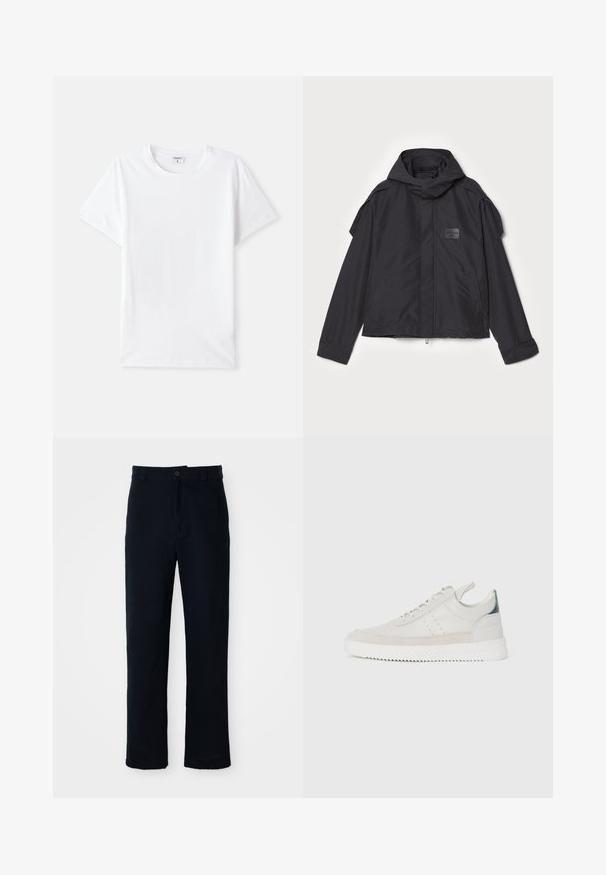 Black jacket with a hood, made of smooth fabric. Features a zip front, side pockets, and shoulder accents. Simple design with a label.; White cotton t-shirt, crew neckline, short sleeves, smooth texture, no patterns or accents, simple design, standard fit.; Navy blue trousers made of cotton, featuring a straight-leg design, a front button closure, and classic waistband with belt loops.; White leather sneakers with gray suede accents, lace-up design, pull tab, and textured rubber sole featuring a zigzag pattern.