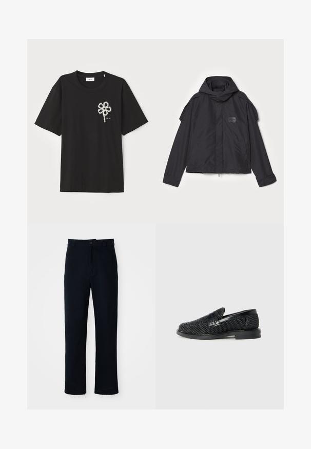 Černá bunda s kapucí, vyrobená z hladké tkaniny. Obsahuje zapínání na zip vpředu, boční kapsy a akcenty na ramenou. Jednoduchý design s štítkem.; Černé bavlněné tričko s kulatým výstřihem a krátkými rukávy, zdobené bílou vyšívanou květinou na levé části hrudi.; Námorně modré kalhoty vyrobené ze 100 % bavlny, s rovnými nohavicemi, předním zapínáním na knoflík a klasickým pasem s poutky na pásek.; Černé pletené nazouvací boty s hladkým koženým akcentem na svršku, kulatou špičkou a nízkoprofilovou gumovou podrážkou.
