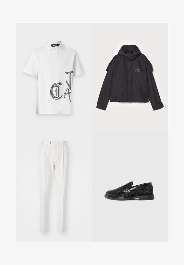 Musthaveheide mustaghuri hoodiga, valge catsosta. Omab esist zip ja külge taskud, õlavarre aksendid. Lihtne disain ja silt.; Valge puuvillane polo-särk, millel on struktureeritud krae. Ees on suur must graafiline tekstidisain. Lihtne, klassikaline lõige.; Valged kohandatud püksid, millel on sirge esiosa, kaks voltimist ja rullitud avad. Valmistatud siledast kangast, millel on nööpelement vööl.; Must musta kootud slip-on king, millel on pehme nahast accent ülaserval, ümmargune varvas ja madal profiiliga kummitald.