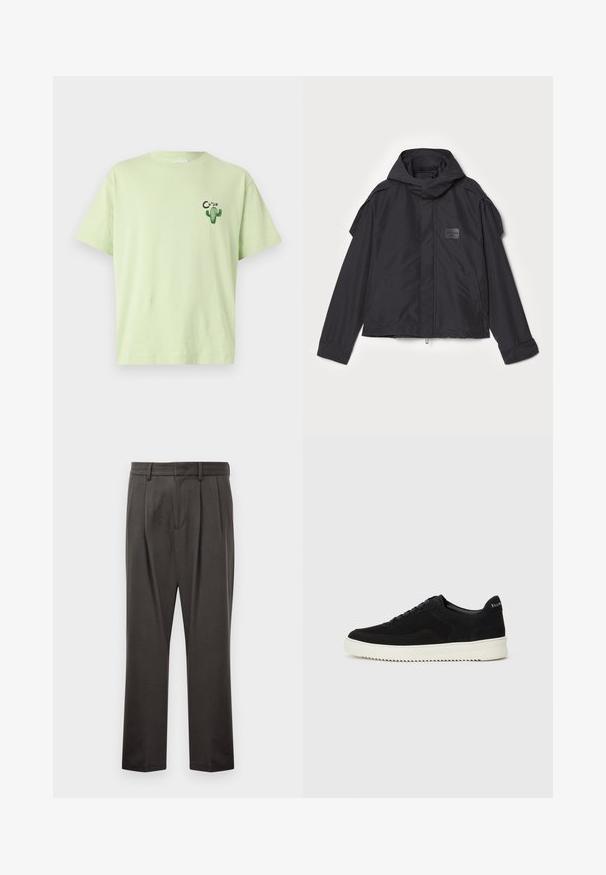 Jachetă neagră cu glugă, fabricată dintr-un material neted. Dispune de fermoar frontal, buzunare laterale și accente pe umeri. Design simplu cu etichetă.; Tricou verde deschis din bumbac, cu mâneci scurte și un grafic cu un cactus, având cuvântul "CLOS" în negru aproape de pieptul stâng.; Pantaloni gri închis dintr-un material texturat, având față plată, pliuri, picioare drepte și bucle pentru curea. Fără hardware sau modele vizibile.; Adidași negri din suede cu design cu șireturi și talpă din cauciuc alb contrastant. Prezintă panouri laterale texturate și branding subtil pe toc.