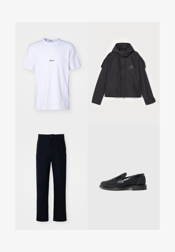 Giacca nera con cappuccio, realizzata in tessuto liscio. Presenta una chiusura frontale con zip, tasche laterali e dettagli sulle spalle. Design semplice con un'etichetta.; T-shirt bianco in cotone con scollatura rotonda, maniche corte e un piccolo logo nero "MSGM" stampato sul davanti. Texture liscia.; Pantaloni color blu navy in cotone, con design a gamba dritta, chiusura con bottone frontale e vita classica con passanti per cintura.; Scarpa nera a mocassino intrecciata con un accentuato in pelle liscia sulla parte superiore, design a punta rotonda e suola in gomma a profilo basso.