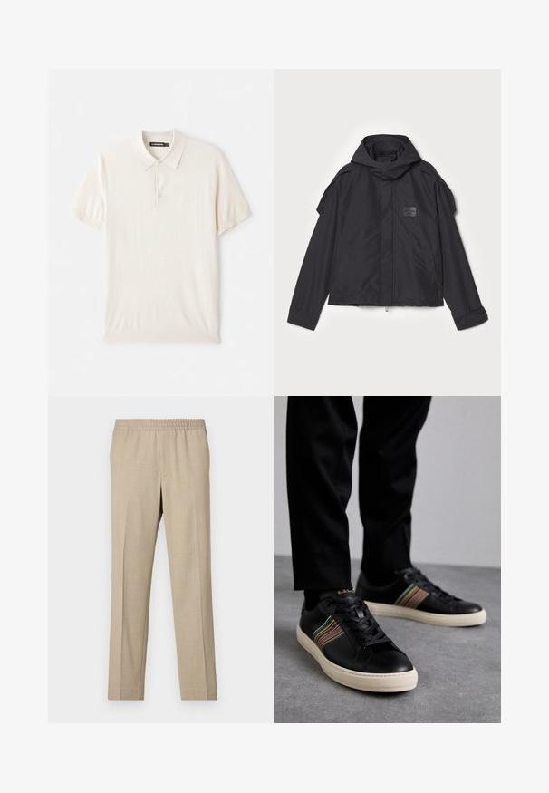 Mustatakki hupulla, valmistettu sileästä kankaasta. Ominaisuuksiin kuuluu vetoketjukiinnitys edessä, sivutaskut ja olkakorostukset. Yksinkertainen muotoilu, jossa on etiketti.; Vaaleanbeige polo-paita, jossa on klassinen kaulus, kolmen napin listakerros ja lyhyet hihat. Valmistettu pehmeästä, sileästä kankaasta. Yksinkertainen muotoilu ilman kuvioita.; Filippa K THEO - Housut - sage melange; Mustat nahkakengät, joissa on moniväriset raidalliset yksityiskohdat, pyöreä kärki ja valkoiset kumipohjat. kengissä on nauhakiinnitys ja kohokuvioitu brändäys.