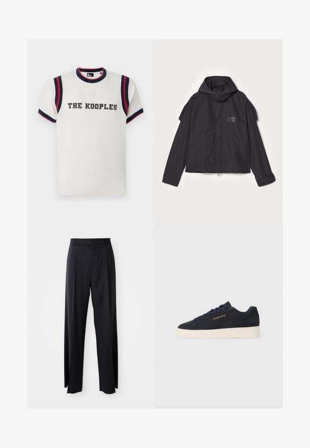 Černá bunda s kapucí, vyrobená z hladké tkaniny. Obsahuje zapínání na zip vpředu, boční kapsy a akcenty na ramenou. Jednoduchý design s štítkem.; Bílé tričko s kulatým výstřihem, s modro-červenými pruhovanými detaily na rukávech a výrazným vyšitým nápisem "THE KOOPLES" na přední straně.; Černé kalhoty s vysokým pasem a širokým střihem, vyrobené z hladké látky. Mají přední sklady a poutka na opasek. Minimalistický design, bez viditelného kovového hardwaru.; Námornická modrá semišová nízká obuv s bílou podrážkou, námořnickými tkaničkami a zlatým logem "Filling Pieces" na boku.