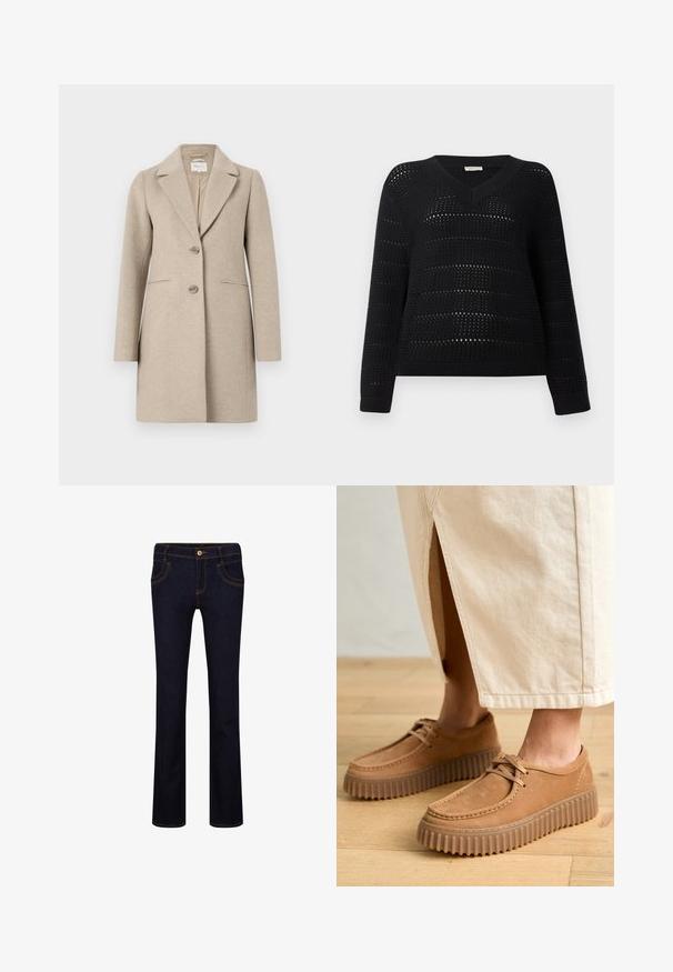 Palton bej din amestec de lână, cu o siluetă croit, rever tăiat, închidere cu două butoane și buzunare laterale. Textură netedă, design minimalist.; TOM TAILOR DENIM V NECK - Pulover - deep black; Jeans din denim albastru închis cu croială dreaptă, având cusături galbene, design cu cinci buzunare și închidere cu nasture metalic la talie.; Pantofi de culoare caramel din piele cu o suprafață texturată, vârf rotund și tălpi groase, cu striații. Sireturile și detaliile de cusătură completează designul.