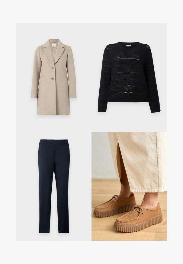 Bež villasegu kapuutsiga, kohandatud siluetiga, sakiliste kraedega, kahe nööbiga kinnitusega ja küljetaskutega. Sile tekstuur, minimalistlik disain.; TOM TAILOR DENIM V NECK - Džemper - deep black; Tumed sinised püksid, valmistatud pehmest, elastsetest kangast. Omab lamefronti, vöökohtade silmuseid ja kitsast, ahenevat jala lõiget.; Kohvitan värvi nahast kingad, millel on tekstureeritud pind, ümar varvas ja paksud, soonilised tallad. Kinnised ja õmbluste detailid täiustavad disaini.