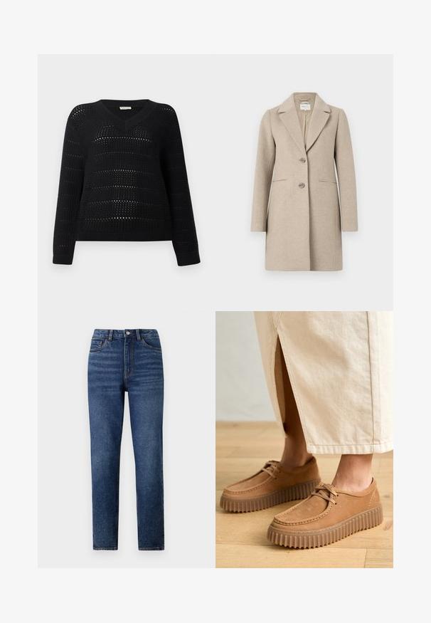 Μπεζ παλτό από μείγμα μάλλινου υφάσματος με κομψή σιλουέτα, κλασικό γιακά, κλείσιμο με δύο κουμπιά και πλαϊνές τσέπες. Λείος υφασμάτινος χαρακτήρας, μινιμαλιστικός σχεδιασμός.; TOM TAILOR DENIM V NECK - Πουλόβερ - deep black; Μπλε τζην παντελόνι με ψηλή μέση και ίσια γραμμή, με διακριτικά εφέ φθοράς, κλείσιμο με κουμπί και σχέδιο πέντε τσεπών.; Καφέ δερμάτινα παπούτσια με υφή, στρογγυλή μύτη και χοντρές, αυλακωτές σόλες. Τα κορδόνια και οι λεπτομέρειες ραφής ενισχύουν τον σχεδιασμό.