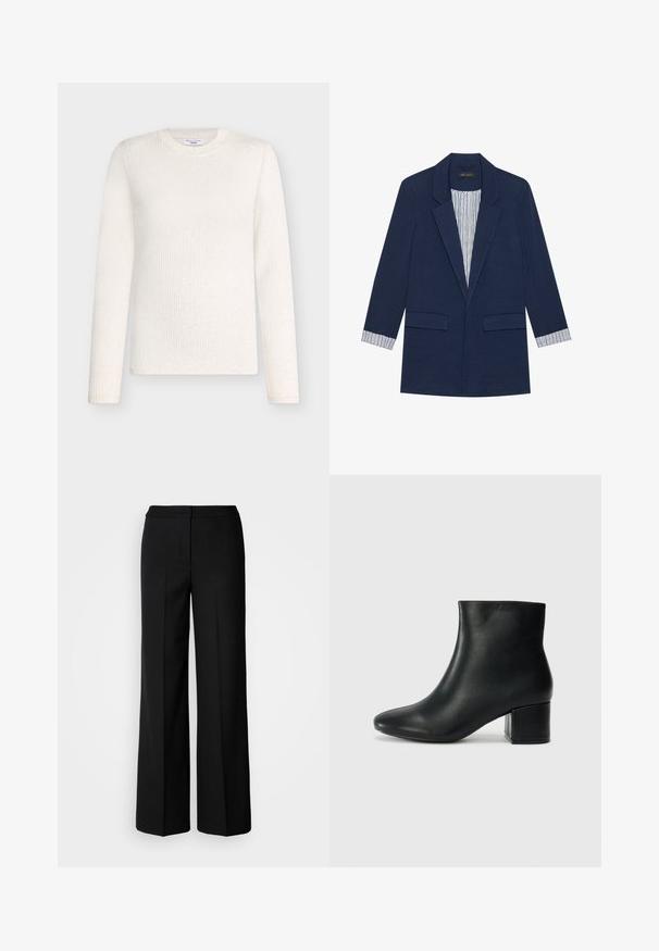Tamno plavi blejzer s režnjastim reverima, dvojim prednjim džepovima s preklopom i prugastom podstavom vidljivom na manžetama i unutar prednjeg dijela.; Džemper s rebrastim uzorkom i dugim rukavima u boji slonovače, s okruglim izrezom i suptilnim teksturnim uzorcima na cijelom modelu.; Crne široke hlače od glatkog materijala, s visokim strukom, krojenim šavovima i minimalističkim dizajnom. Bez vidljivih metalnih dijelova ili džepova.; Crne kožne čizme do članaka s uskim vrhom i debelim potplatom. Glatka tekstura s minimalnim detaljima i elegantan, prilagođen dizajn.