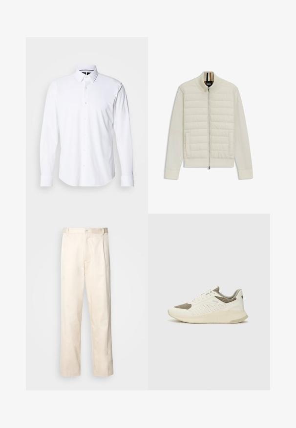 Jasna kremowa bomberka z pikowanym górnym panelem i miękkimi rękawami. Posiada zamek błyskawiczny z przodu, kieszenie boczne oraz ściągacze przy rękawach i kołnierzu.; Biała koszula z długim rękawem, wykonana z gładkiego materiału, z kołnierzykiem zapinanym na guziki oraz sześcioma guzikami z przodu; mankiety są starannie wykończone.; Beżowe bawełniane spodnie o prostym kroju nogawki, z zapięciem na guziki i plisami z przodu dla dodatkowego zdobienia.; Białe i jasnobeżowe sneakersy sportowe, z siateczkową cholewką, perforowanymi detalami oraz teksturowaną podeszwą śródstopia z brandingiem na pięcie.