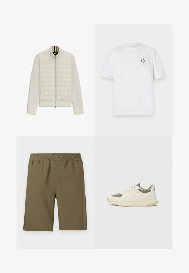Veste bomber crème clair avec un panneau supérieur matelassé et des manches douces. Comprend une fermeture éclair à l'avant, des poches latérales et des poignets et un col côtelés.; T-shirt en coton blanc avec une coupe décontractée, présentant un petit logo graphique noir sur le côté gauche de la poitrine. Manches courtes, col rond.; Samsøe Samsøe SMITH - Short - four leaf clover; Basket de sport blanche et beige clair, avec une tige en maille, des détails perforés et une semelle intermédiaire texturée avec un logo sur le talon.