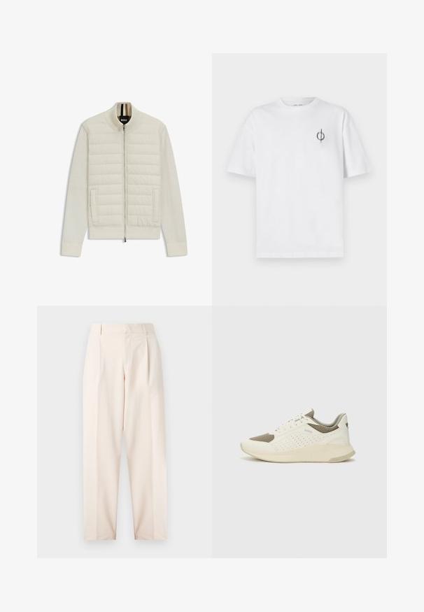 Ljusgrå bomberjacka med quiltad övre panel och mjuka ärmar. Har en framdragkedja, sidofickor samt ribbade muddar och krage.; Vit bomullströja med avslappnad passform, med en liten svart grafisk logotyp på vänster bröstområde. Korta ärmar, rundad hals.; Beiga skräddarsydda byxor med hög midja, veck och rak passform. Tillverkade av ett mjukt tyg med sidofickor och en ren finish.; Vit och ljusbeige atletisk sneaker med ett meshöverdrag, perforerade detaljer och en texturerad mellansula med varumärke på hälen.
