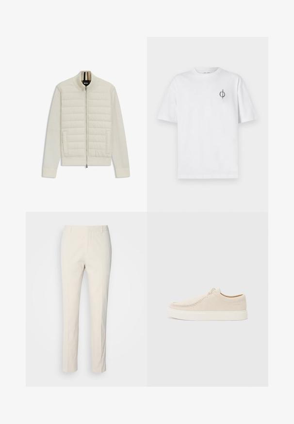 Lichtcrèmekleurige bomberjack met een gequilt bovenpaneel en zachte mouwen. Voorzien van een rits aan de voorkant, zijzakken en ribgebreide mouwen en kraag.; Witte katoenen t-shirt met een ontspannen pasvorm, voorzien van een klein zwart graphic logo op de linkerkant van de borst. Korte mouwen, ronde hals.; Crème-kleurige op maat gemaakte broek van een textuurstof. Heeft een recht model, riemlussen en twee voorzakken. Geen patronen.; Lichtbeige suede sneaker met een ronde neus, minimale stiksels en een witte rubberen zool. Beschikt over een eenvoudige veter-sluiting en een merkteken.