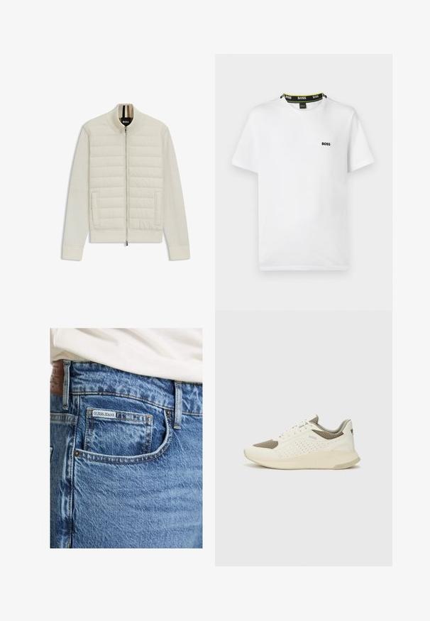 Jasna kremowa bomberka z pikowanym górnym panelem i miękkimi rękawami. Posiada zamek błyskawiczny z przodu, kieszenie boczne oraz ściągacze przy rękawach i kołnierzu.; Biała bawełniana koszulka z okrągłym dekoltem, ozdobiona czarno-zieloną taśmą z logo oraz małym czarnym logo "BOSS" na piersi.; Wyblakłe niebieskie dżinsy zbliżeniowym ujęciem pokazującym metkę Guess Jeans na tylnej kieszeni oraz kontrastowe przeszycia wzdłuż szwów.; Białe i jasnobeżowe sneakersy sportowe, z siateczkową cholewką, perforowanymi detalami oraz teksturowaną podeszwą śródstopia z brandingiem na pięcie.