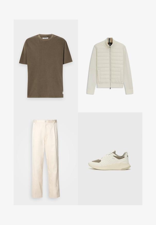 Light cream bomber jacket with quilted upper panel and soft sleeves. Features a front zipper, side pockets, and ribbed cuffs and collar.; Olive green cotton T-shirt with short sleeves, round neckline, and a straight hem. Features a small brand label on the side.; Beige cotton trousers with a straight-leg cut, featuring a button closure and pleats at the front for added detail.; White and light beige athletic sneaker, featuring a mesh upper, perforated detailing, and a textured midsole with branding on the heel.