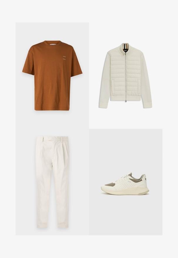 Helle Creme Bomberjacke mit gestepptem oberen Teil und weichen Ärmeln. Ausgestattet mit einem Frontreißverschluss, Seitentaschen sowie gerippten Bündchen und Kragen.; Braunes Baumwoll-T-Shirt mit lässiger Passform, Rundhalsausschnitt und kurzen Ärmeln. Es hat kleinen weißen Drucktext auf der Vorderseite.; Weiße, plissierte Hose mit taillierten Schnitt, die eine glatte Textur, Gürtelschlaufen und schmal zulaufende Beine aufweist. Keine sichtbaren Taschen oder Muster.; Weiße und hellbeige Sport Sneakers, ausgestattet mit einem Obermaterial aus Netzgewebe, perforierten Details und einer strukturierten Zwischensohle mit Branding an der Ferse.