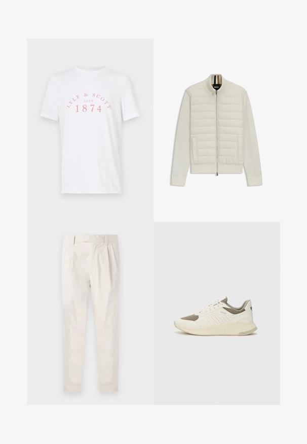 Vaalean kerma bomber takki, jossa on topattu yläpaneeli ja pehmeät hihat. Varustettu edessä olevalla vetoketjulla, sivutaskuilla sekä ribbikäänteillä ja -kauluksilla.; Valkoinen puuvillapaita lyhyillä hihoilla. Etupuolella vaaleanpunaista tekstiä, jossa lukee "LYLE & SCOTT ESTD 1874" kaarevassa muotoilussa. Yksinkertainen ja klassinen tyyli.; Valkoiset, laskostetut housut, joissa on räätälöity istuvuus. Housut ovat sileäpintaiset, niissä on vyölenkit ja kapenevat lahkeet. Ei näkyviä taskuja tai kuvioita.; Valkoinen ja vaaleanbeige urheilukengät, joissa on verkkomateriaali yläosa, rei'itettyjä yksityiskohtia ja teksturoitu välipohja, jossa on brändäys kantapäässä.