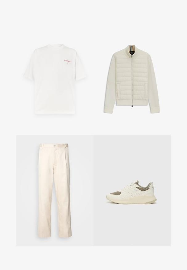Jasna kremowa bomberka z pikowanym górnym panelem i miękkimi rękawami. Posiada zamek błyskawiczny z przodu, kieszenie boczne oraz ściągacze przy rękawach i kołnierzu.; Biała bawełniana koszulka z okrągłym dekoltem, krótkimi rękawami i czerwonym logo na lewej piersi, charakteryzująca się gładką fakturą i luźnym krojem.; Beżowe bawełniane spodnie o prostym kroju nogawki, z zapięciem na guziki i plisami z przodu dla dodatkowego zdobienia.; Białe i jasnobeżowe sneakersy sportowe, z siateczkową cholewką, perforowanymi detalami oraz teksturowaną podeszwą śródstopia z brandingiem na pięcie.