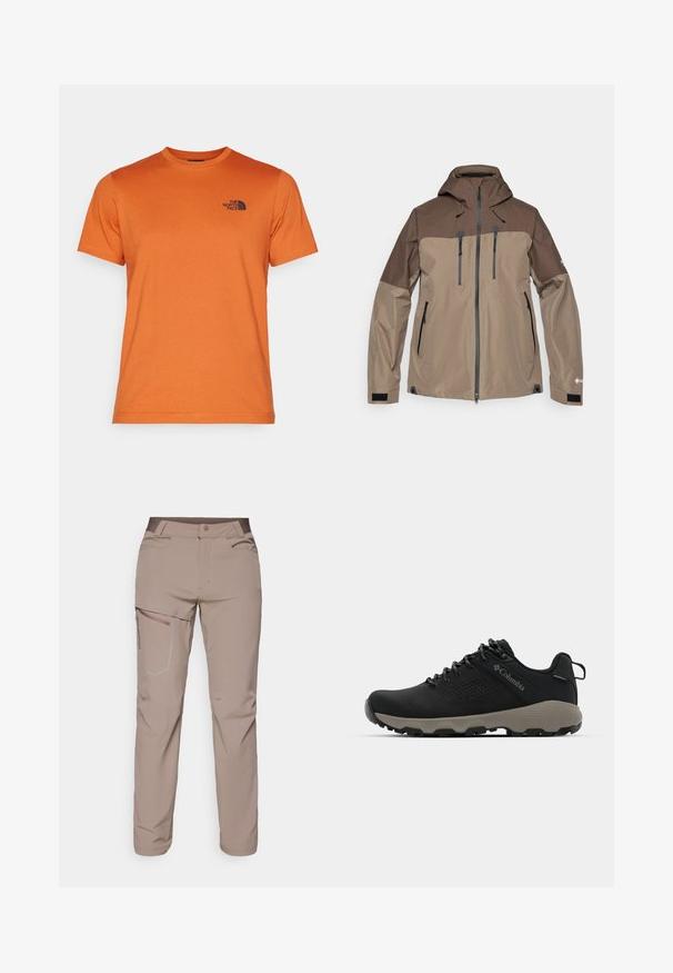 Brown and beige waterproof jacket with a hood, zippered front, and multiple zippered pockets. Features textured shoulder panel and adjustable cuffs.; The North Face M SS SIMPLE DOME TEE - Sports T-shirt - earthen copper; Salomon WAYFARER PANTS - Outdoor trousers - iron; Black hiking shoe with a smooth upper, perforated design, gray outsole, and reinforced heel. Features laces and a pull tab for easy wear.