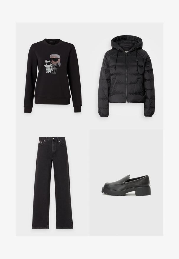Calvin Klein Jeans LIGHTWEIGHT LOGO PUFFER - Zimska jakna - black; Crna majica s dugim rukavima koja sadrži grafiku od kristala u obliku lika i mačke, oba u naočalama. Klasičan okrugli izrez, rebrasti rukavi i donji rub.; Crne široke traperice od denima, s visokim strukom, pet džepova i metalnim zatvaranjem s kontrastnim šavovima.; Crne kožne loaferice s zaobljenim vrhom, debelim teksturiranim potplatom i minimalnim detaljima šivanja. Elegantna izrada bez vidljivih vezica ili metalnih elemenata.