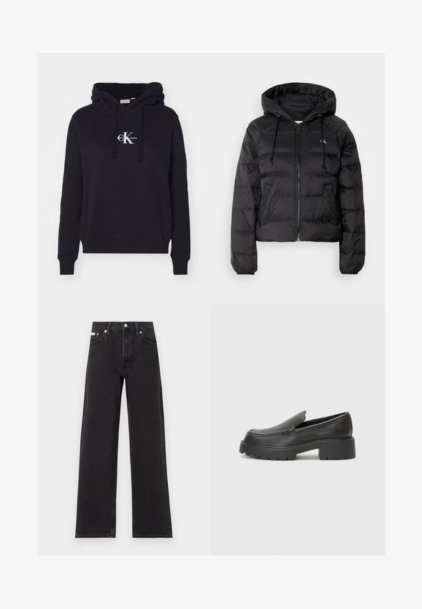 Calvin Klein Jeans LIGHTWEIGHT LOGO PUFFER - Vinterjacka - black; Svart hoodie med dragsnodd i huvan, med en vit Calvin Klein Jeans-logotyp på bröstet. Tillverkad av mjukt, slätt tyg. Justerbar passform.; Svarta vida jeans i denim med hög midja, fem fickor och metallknappstängning med kontrasterande sömmar.; Svarta läderloafers med rund tå, tjockt strukturerat såle och minimala sömnadsdetaljer. Snygg design utan synliga snören eller beslag.