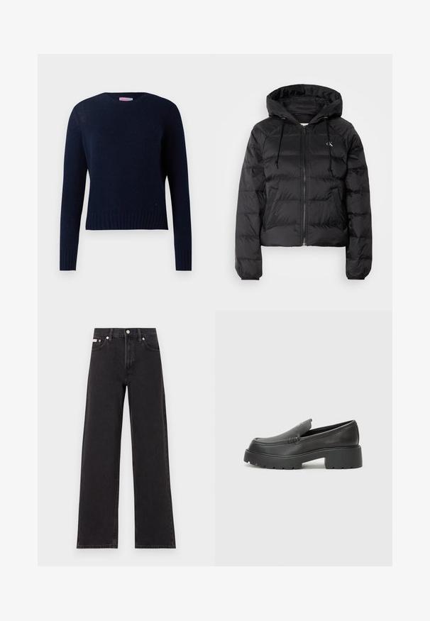 Calvin Klein Jeans LIGHTWEIGHT LOGO PUFFER - Winterjacke - black; Marineblauer Strickpullover mit Rundhalsausschnitt, langen Ärmeln und gerippten Bündchen sowie Saum. Der Stoff hat ein dezentes strukturiertes Muster.; Schwarze weit geschnittene Jeans aus Denim mit einem hoch sitzenden Bund, fünf Taschen und einem Metallknopfverschluss mit kontrastierendem Nähte.; Schwarze Lederloafer mit einer abgerundeten Spitze, dicker strukturierten Laufsohle und minimalen Nähten. Schlankes Design ohne sichtbare Schnürsenkel oder Beschläge.