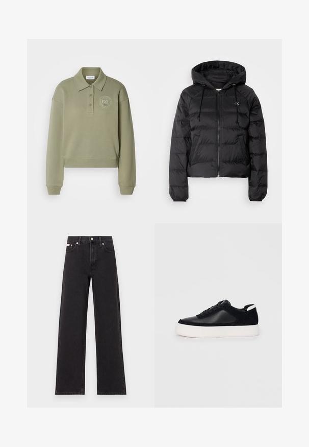 Calvin Klein Jeans LIGHTWEIGHT LOGO PUFFER - Téli dzseki - black; Olíva zöld, rövid fazonú polo pulóver, hosszú ujjakkal, két gombbal és kör alakú, hímzett logóval a mellkason. Puha szövettextúra.; Fekete, bőszárú farmernadrág, magas derekú, öt zsebes kialakítással és fém gombos záródással, kontrasztos varrással.; Fekete sportcipő sima bőrből és velúr panelekkel, lapos fűzőkkel, kerek orral és fehér gumi talppal. Megkülönböztető logó a sarkán.