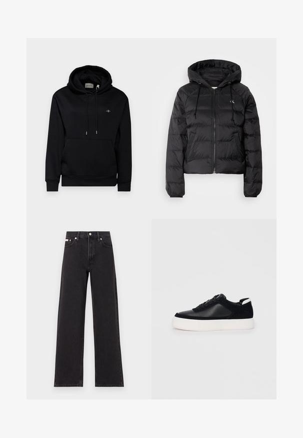 Calvin Klein Jeans LIGHTWEIGHT LOGO PUFFER - Winter jacket - black; Black hoodie with a front pocket, drawstrings, and soft fabric. Features a small embroidered logo on the chest and ribbed cuffs.; Black wide-leg jeans made of denim, featuring a high-rise waist, five-pocket styling, and a metal button closure with contrasting stitching.; Black sneaker with smooth leather and suede panels, flat laces, rounded toe, and a white rubber sole. Distinct logo on the heel.