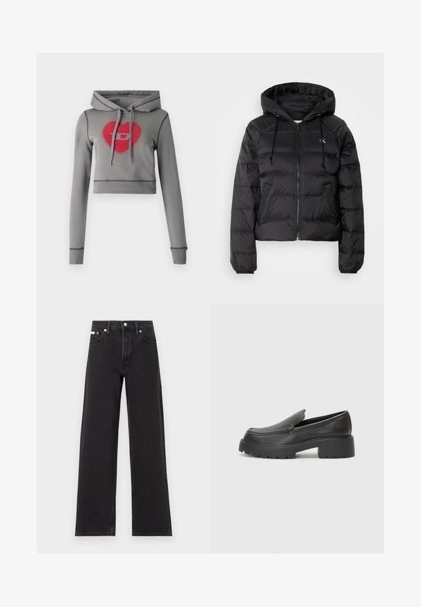 Calvin Klein Jeans LIGHTWEIGHT LOGO PUFFER - Winter jacket - black; Gray cropped hoodie with long sleeves, drawstring hood, and red heart and logo design embellished with rhinestones. Contrast stitching detail.; Black wide-leg jeans made of denim, featuring a high-rise waist, five-pocket styling, and a metal button closure with contrasting stitching.; Black leather loafers with a rounded toe, thick textured sole, and minimal stitching details. Sleek design with no visible laces or hardware.