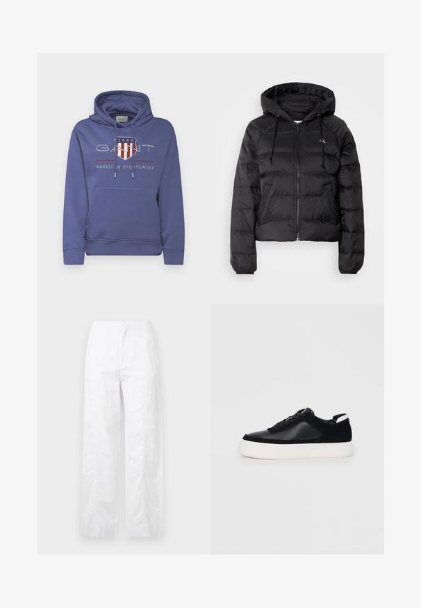 Calvin Klein Jeans LIGHTWEIGHT LOGO PUFFER - Winter jacket - black; GANT ARCHIVE SHIELD HOODIE - Sweatshirt - dusty navy; White wide-leg trousers made of lightweight fabric, featuring a smooth texture, clean lines, and a high waist design.; Black sneaker with smooth leather and suede panels, flat laces, rounded toe, and a white rubber sole. Distinct logo on the heel.