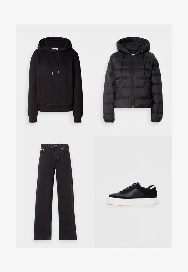 Calvin Klein Jeans LIGHTWEIGHT LOGO PUFFER - Casaco de inverno - black; Sweatshirt preto com capuz, de corte largo, cordão e logótipo bordado no peito. Tecido suave e punhos e bainha canelados.; Jeans de perna larga pretos feitos de denim, apresentando uma cintura alta, estilo de cinco bolsos e um fecho em botão de metal com costura contrastante.; Sapatilha preta com painéis de pele lisa e camurça, atacadores planos, bico arredondado e sola de borracha branca. Logótipo distinto no calcanhar.