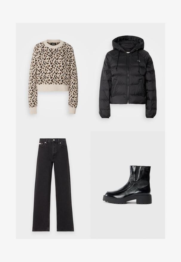 Calvin Klein Jeans LIGHTWEIGHT LOGO PUFFER - Casaco de inverno - black; Sweater cropped bege com um padrão de estampa de leopardo em tons de castanho e preto. Apresenta punhos e bainha canelados, com um decote redondo.; Jeans de perna larga pretos feitos de denim, apresentando uma cintura alta, estilo de cinco bolsos e um fecho em botão de metal com costura contrastante.; Botas de tornozelo pretas com acabamento em pele envernizada brilhante, sola de borracha preta robusta e salto elevado; inclui um detalhe discreto do logótipo na lateral.