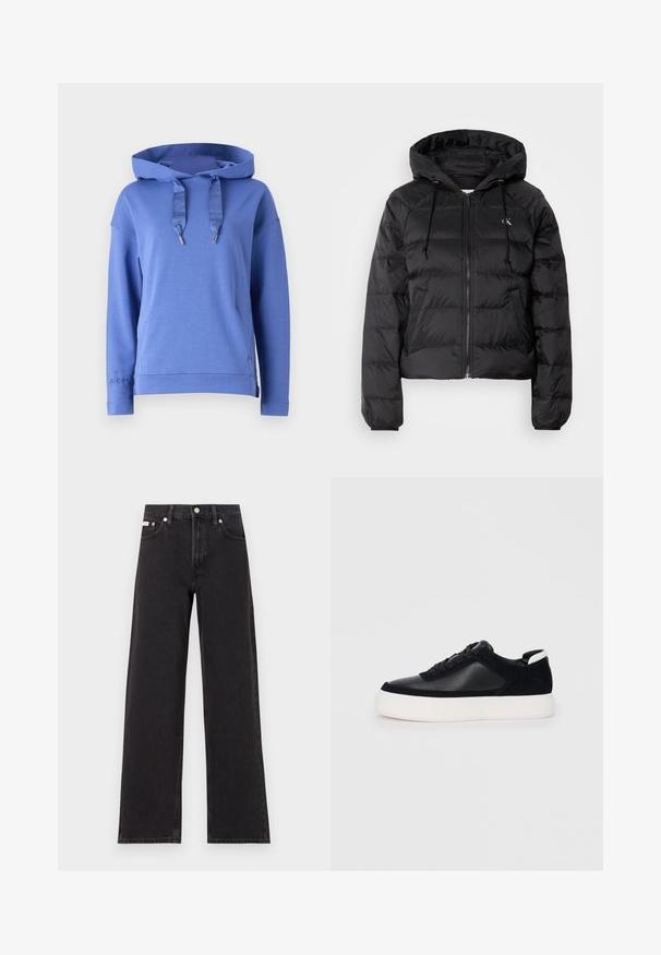 Calvin Klein Jeans LIGHTWEIGHT LOGO PUFFER - Casaco de inverno - black; Sweatshirt azul com capuz feito de tecido suave, apresentando cordões com pontas de metal e um logótipo bordado na manga.; Jeans de perna larga pretos feitos de denim, apresentando uma cintura alta, estilo de cinco bolsos e um fecho em botão de metal com costura contrastante.; Sapatilha preta com painéis de pele lisa e camurça, atacadores planos, bico arredondado e sola de borracha branca. Logótipo distinto no calcanhar.