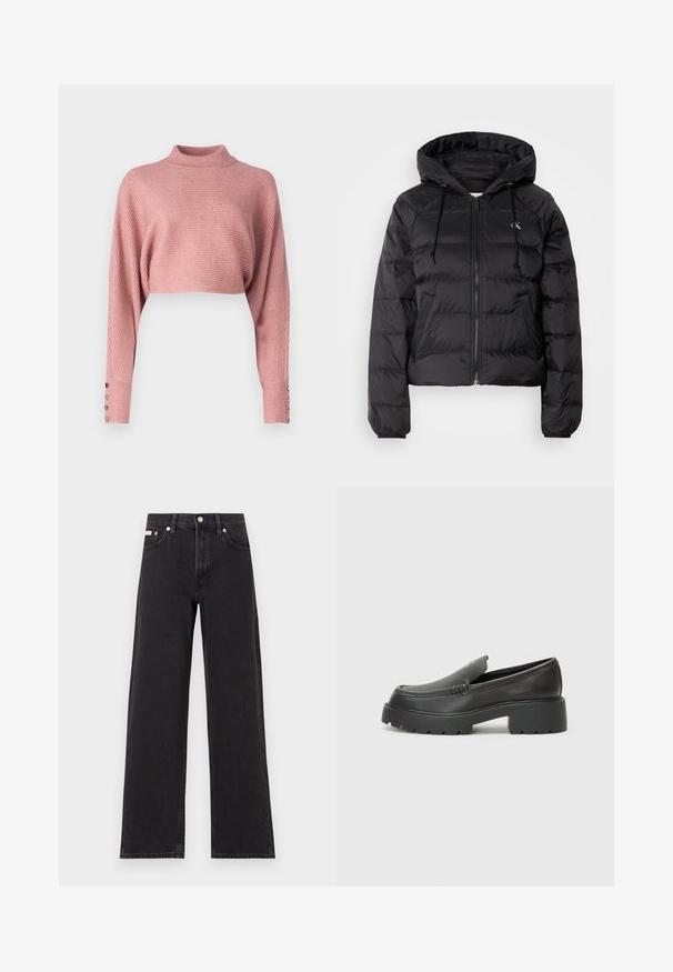 Calvin Klein Jeans LIGHTWEIGHT LOGO PUFFER - Jachetă de iarnă - black; Pulover tricotat cu model de croșetat, în nuanță de roz pal, cu guler înalt, design scurt și mâneci largi accentuate de nasturi decorativi.; Jeanși negri cu picioare largi, fabricați din denim, cu talie înaltă, stil cu cinci buzunare și închidere cu nasture metalic, cu cusături contrastante.; Mocasini din piele neagră, cu vârf rotunjit, talpă groasă texturată și detalii minimale de cusătură. Design elegant, fără șireturi sau accesorii vizibile.