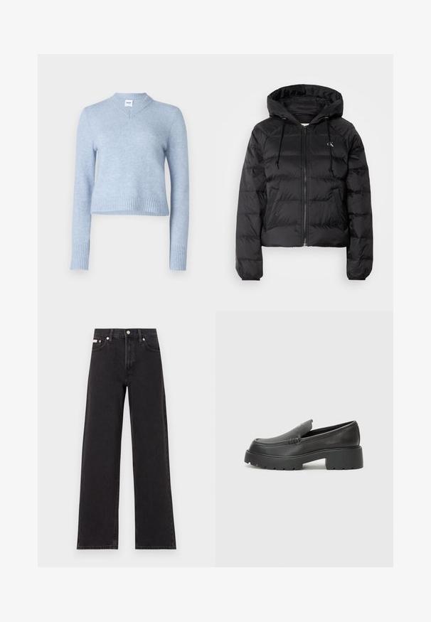 Calvin Klein Jeans LIGHTWEIGHT LOGO PUFFER - Zimska jakna - black; Svijetloplavi skraćeni pulover od mekanog materijala. Ima V-izrez i rebraste manšete i rub za dodatnu teksturu.; Crne široke traperice od denima, s visokim strukom, pet džepova i metalnim zatvaranjem s kontrastnim šavovima.; Crne kožne loaferice s zaobljenim vrhom, debelim teksturiranim potplatom i minimalnim detaljima šivanja. Elegantna izrada bez vidljivih vezica ili metalnih elemenata.