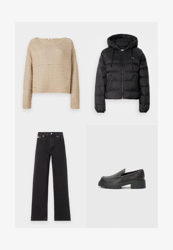 Calvin Klein Jeans LIGHTWEIGHT LOGO PUFFER - Winterjacke - black; Beige gestrickter Pullover mit lockerer Passform, der ein strukturiertes, offenes Gewebe-Design, einen Rundhals und lange Ärmel aufweist.; Schwarze weit geschnittene Jeans aus Denim mit einem hoch sitzenden Bund, fünf Taschen und einem Metallknopfverschluss mit kontrastierendem Nähte.; Schwarze Lederloafer mit einer abgerundeten Spitze, dicker strukturierten Laufsohle und minimalen Nähten. Schlankes Design ohne sichtbare Schnürsenkel oder Beschläge.