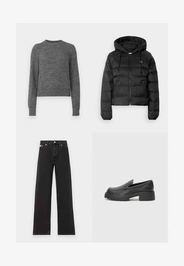 Calvin Klein Jeans LIGHTWEIGHT LOGO PUFFER - Winter jacket - black; Gray ribbed sweater with a round neckline and long sleeves. The texture is soft, and the fit is casual with a slightly cropped design.; Black wide-leg jeans made of denim, featuring a high-rise waist, five-pocket styling, and a metal button closure with contrasting stitching.; Black leather loafers with a rounded toe, thick textured sole, and minimal stitching details. Sleek design with no visible laces or hardware.