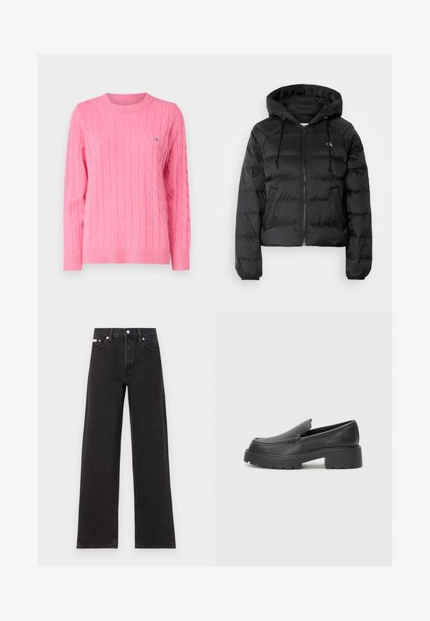 Calvin Klein Jeans LIGHTWEIGHT LOGO PUFFER - Winterjacke - black; GANT CABLE C-NECK - Strickpullover - candy pink; Schwarze weit geschnittene Jeans aus Denim mit einem hoch sitzenden Bund, fünf Taschen und einem Metallknopfverschluss mit kontrastierendem Nähte.; Schwarze Lederloafer mit einer abgerundeten Spitze, dicker strukturierten Laufsohle und minimalen Nähten. Schlankes Design ohne sichtbare Schnürsenkel oder Beschläge.