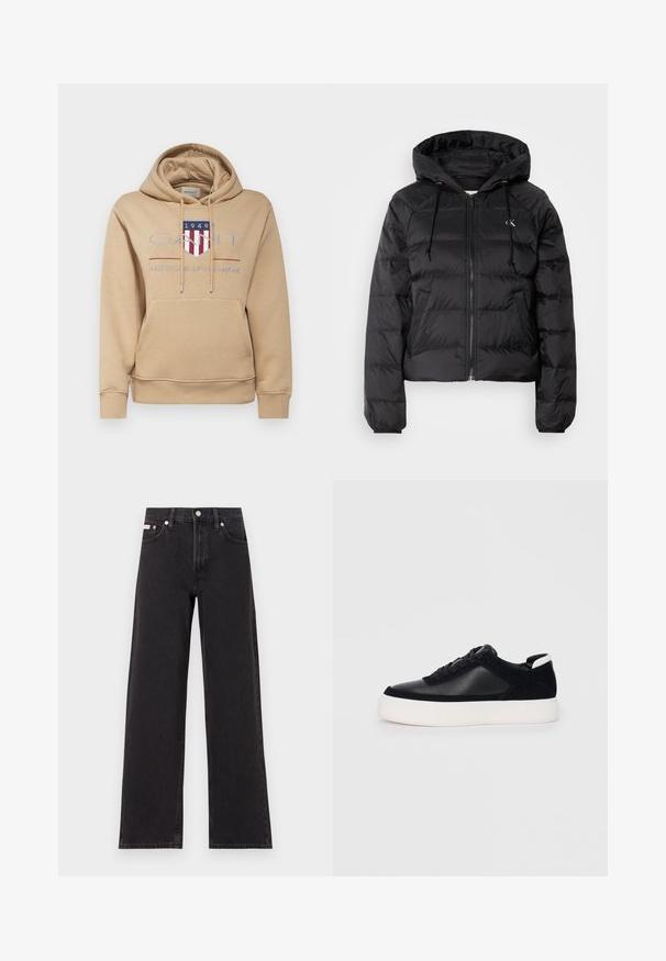 Calvin Klein Jeans LIGHTWEIGHT LOGO PUFFER - Winterjas - black; GANT ARCHIVE SHIELD HOODIE - Hoodie - caramel beige; Zwarte wijde spijkerbroeken van denim, met een hoge taille, vijf-pocket stijl en een metalen knoopsluiting met contrasterende stiksels.; Zwarte sneaker met glad leer en suede panelen, platte veters, ronde neus en een witte rubberen zool. Duidelijk logo op de hiel.