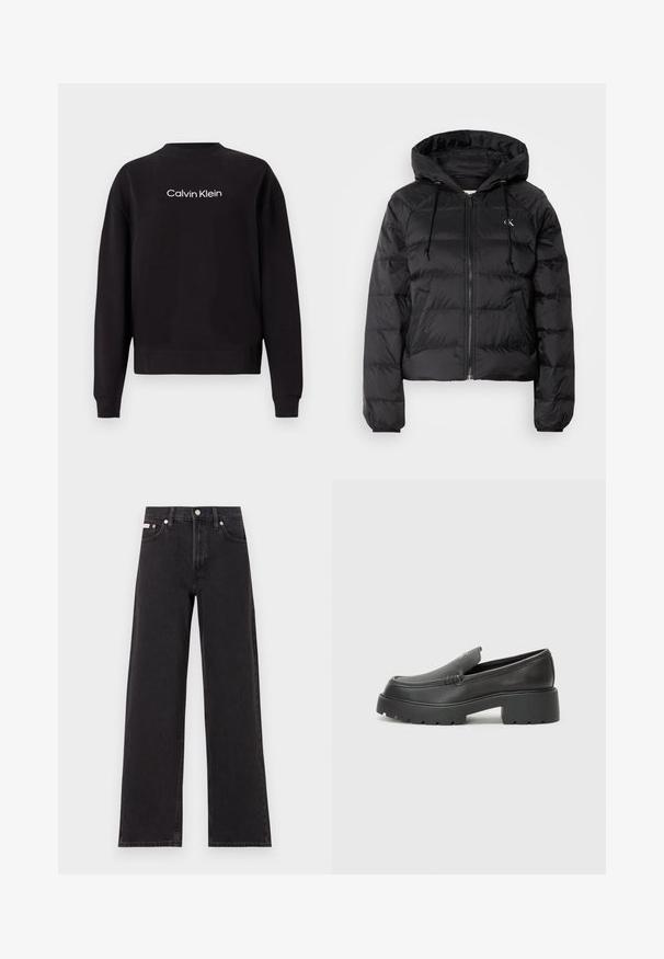 Calvin Klein Jeans LIGHTWEIGHT LOGO PUFFER - Téli dzseki - black; Fekete pamut pulóver bordázott kerek nyakkal, hosszú ujjakkal, fehér "Calvin Klein" logóval a mellrészen.; Fekete, bőszárú farmernadrág, magas derekú, öt zsebes kialakítással és fém gombos záródással, kontrasztos varrással.; Fekete bőr loafer cipők kerek orral, vastag, texturált talppal és minimális varrási részletekkel. Áramvonalas dizájn, látható fűzők vagy fém részek nélkül.